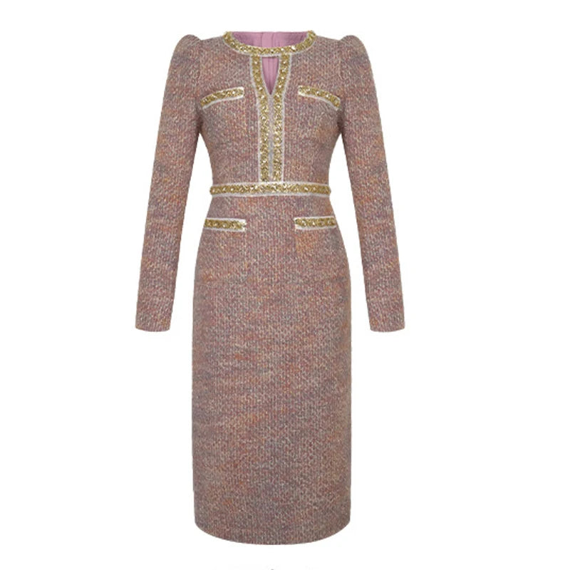 Vestido vintage de tweed para mujer – elegante y formal con detalles huecos y diamantes