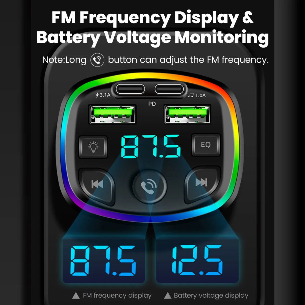 Cargador de auto inalámbrico con transmisor FM – manos libres, Bluetooth y doble puerto USB