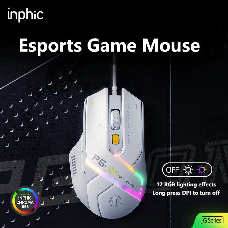 Mouse gaming Inphic PG1 con cable – iluminación RGB y diseño ergonómico
