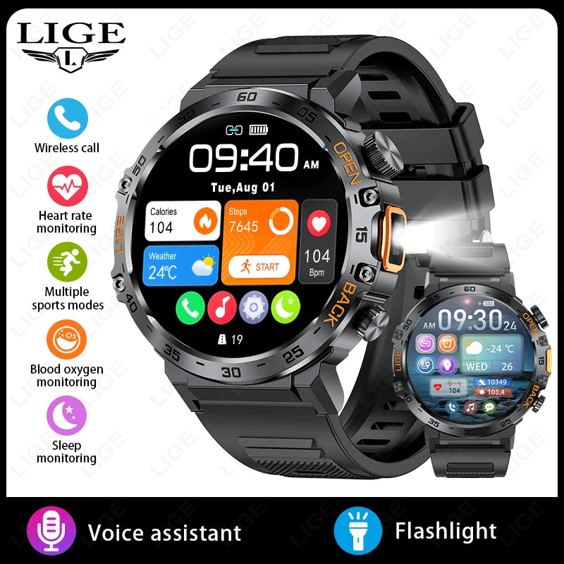 Smartwatch LIGE hombre – pantalla AMOLED HD 360*360, resistente al agua y linterna