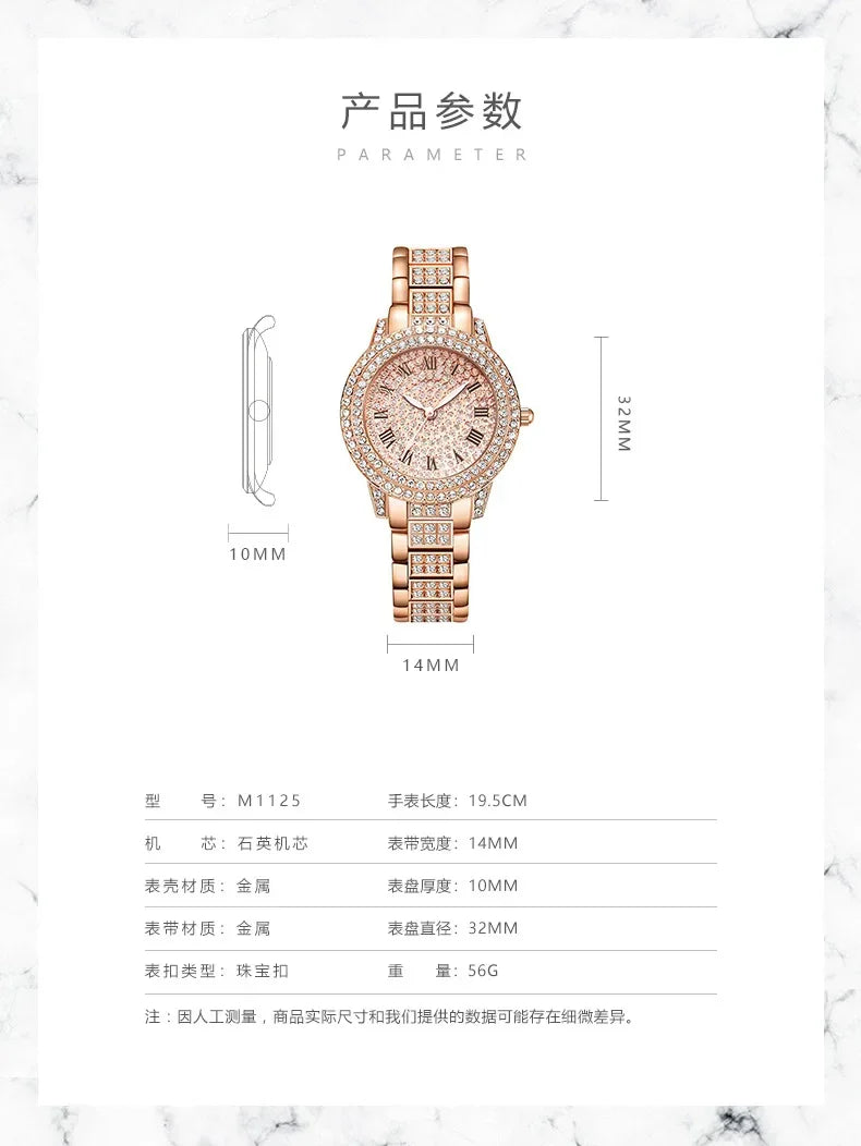 Reloj mujer clásico de lujo – esfera redonda con cristales y correa de aleación dorada