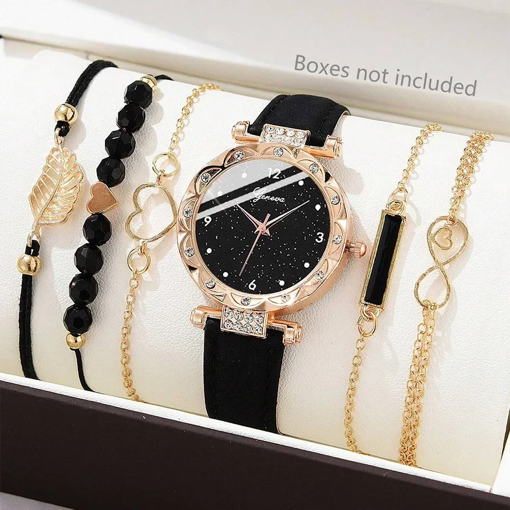 Set de relojes analógicos de cuero para mujer – 6 piezas de moda con cuarzo
