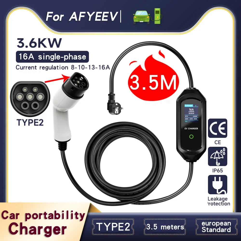 Cable cargador EVSE GBT – portátil Tipo 2 con enchufe EU, 16A y 3600W