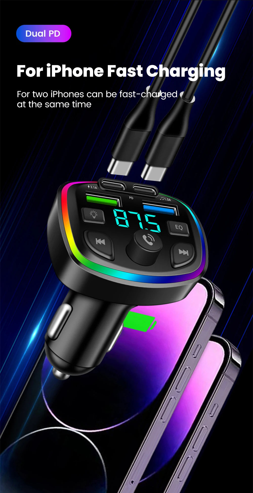 Cargador de auto inalámbrico con transmisor FM – manos libres, Bluetooth y doble puerto USB