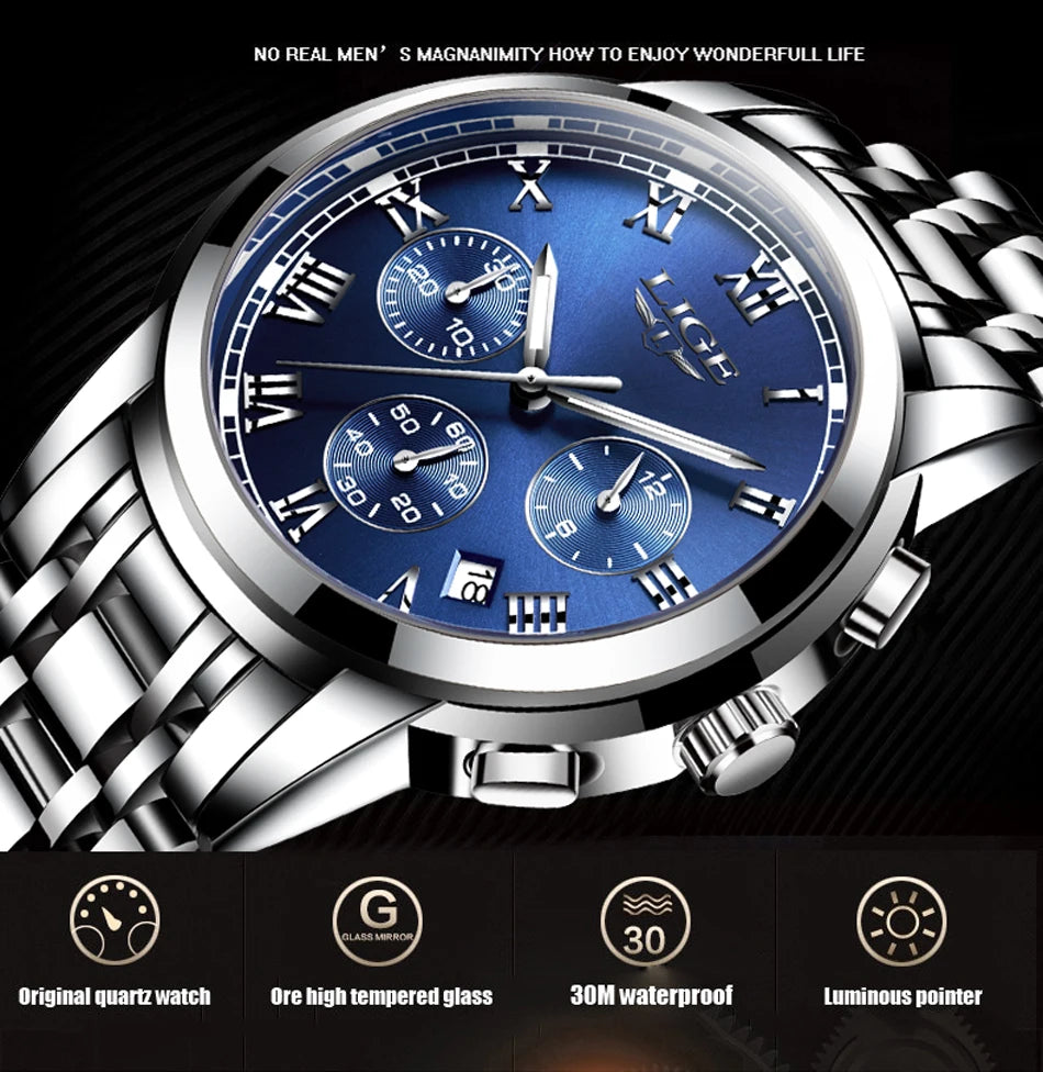 Reloj LIGE para hombre – cronógrafo deportivo de lujo, resistente al agua y acero inoxidable