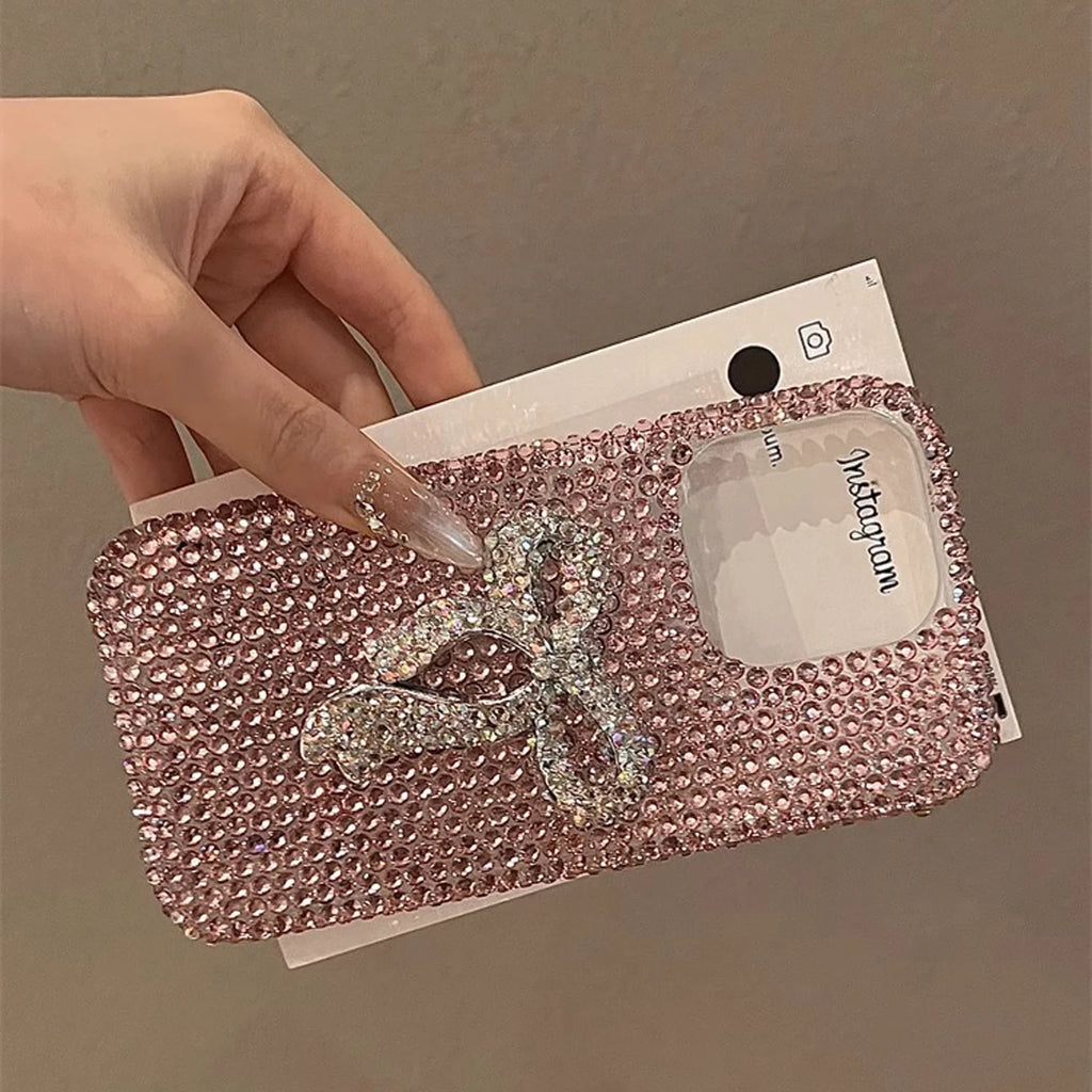 Funda full diamond con lazo para iPhone – protección brillante y adorable