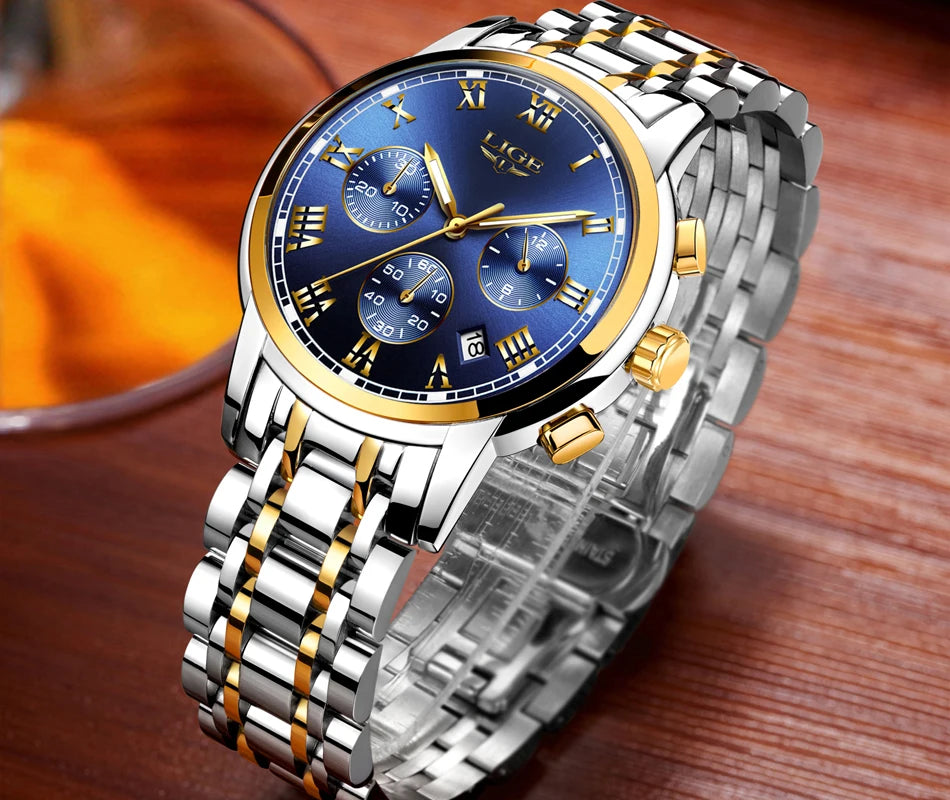 Reloj LIGE para hombre – cronógrafo deportivo de lujo, resistente al agua y acero inoxidable