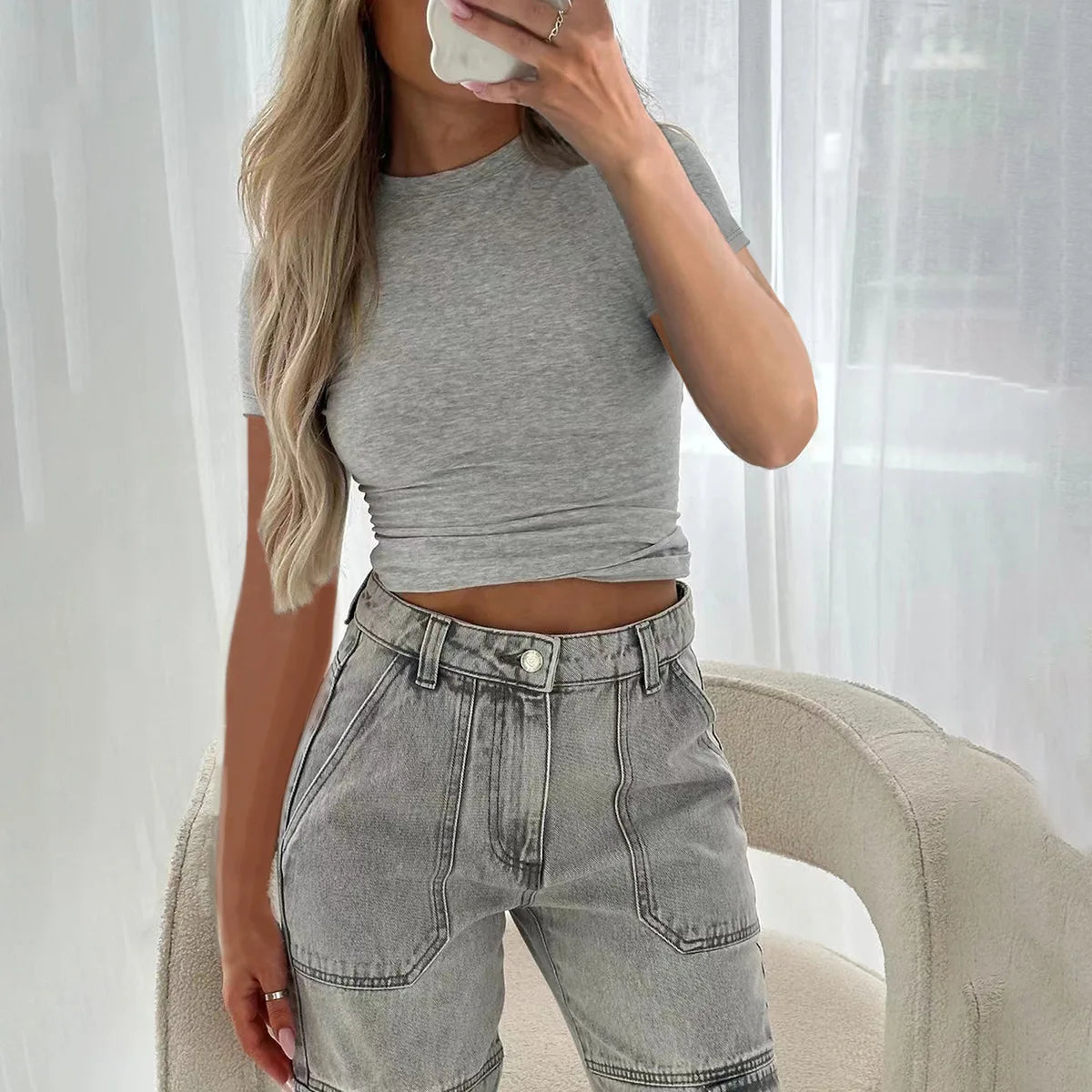 Remera mujer Y2K – slim fit, manga corta y color sólido para primavera/verano