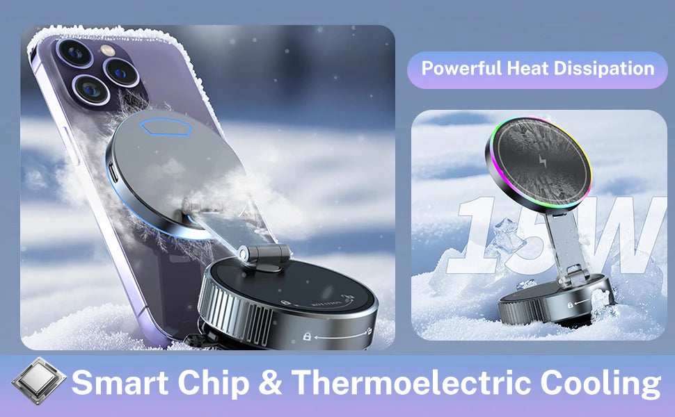 Soporte para Auto con Cargador Inalámbrico y Enfriamiento - Luz RGB Respiratoria - Sujeción Magnética - Para iPhone 12/13/14/15/16 - Soporte Teléfono Coche