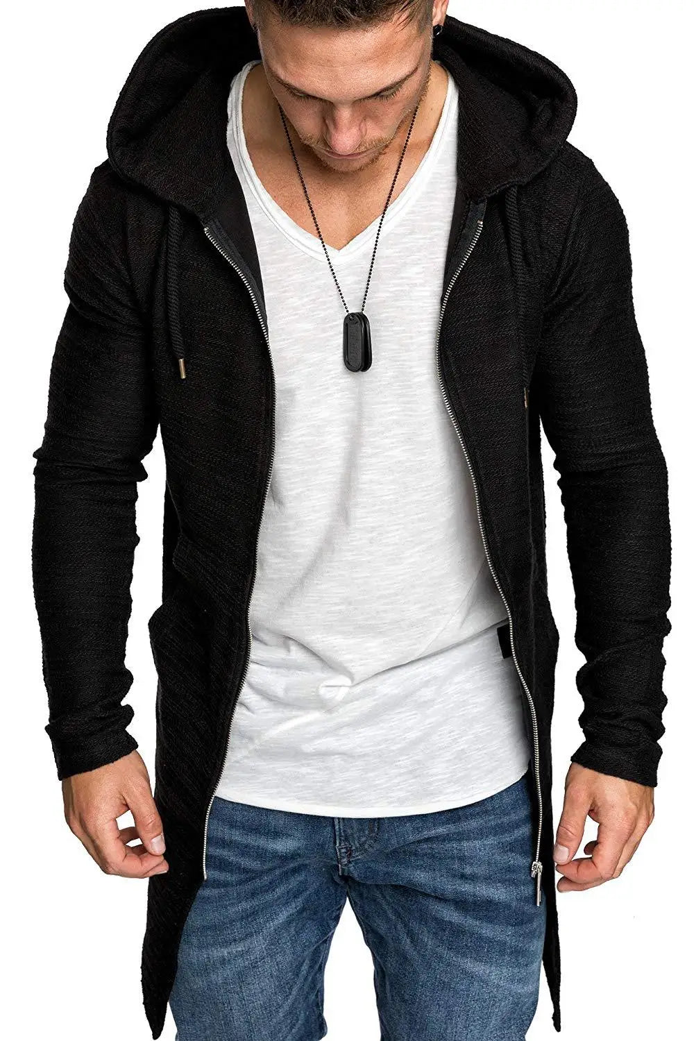 Cortaviento largo con capucha para hombre – moderno y cálido para otoño e invierno