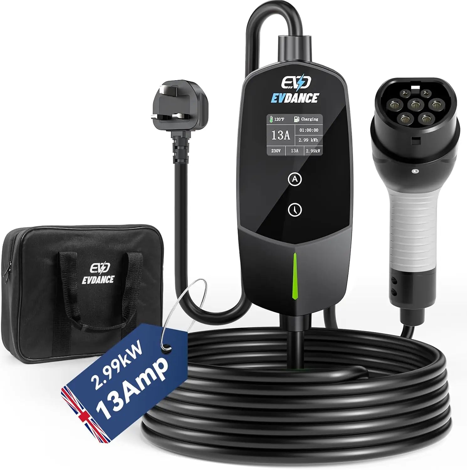 Cargador portátil EVDANCE EV – Tipo 2, enchufe UK 13A y 2.99KW ajustable