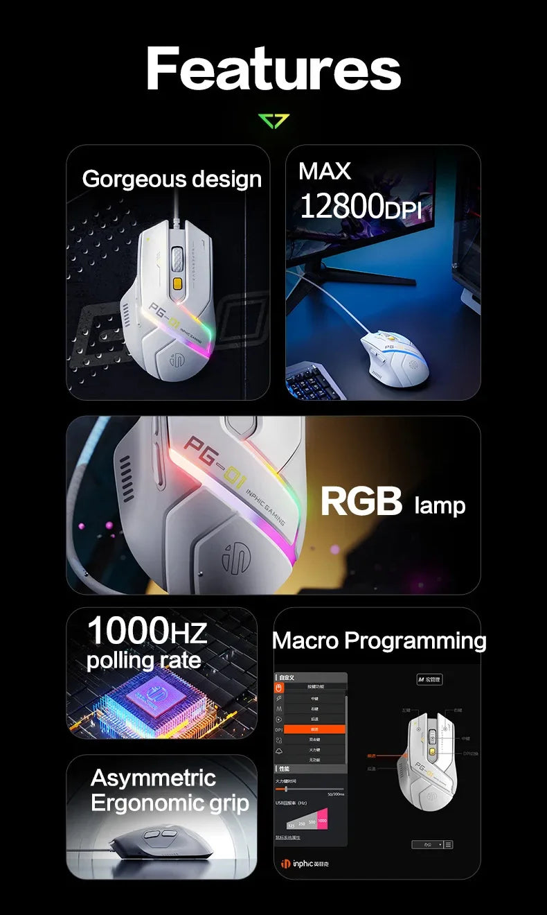 Mouse gaming Inphic PG1 con cable – iluminación RGB y diseño ergonómico