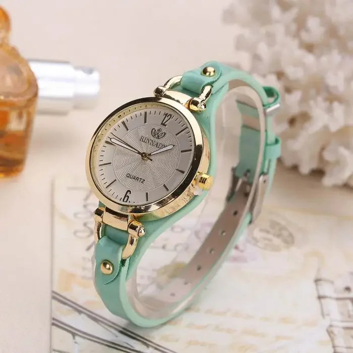 Reloj de cuarzo mujer – correa delgada de cuero PU y diseño sólido