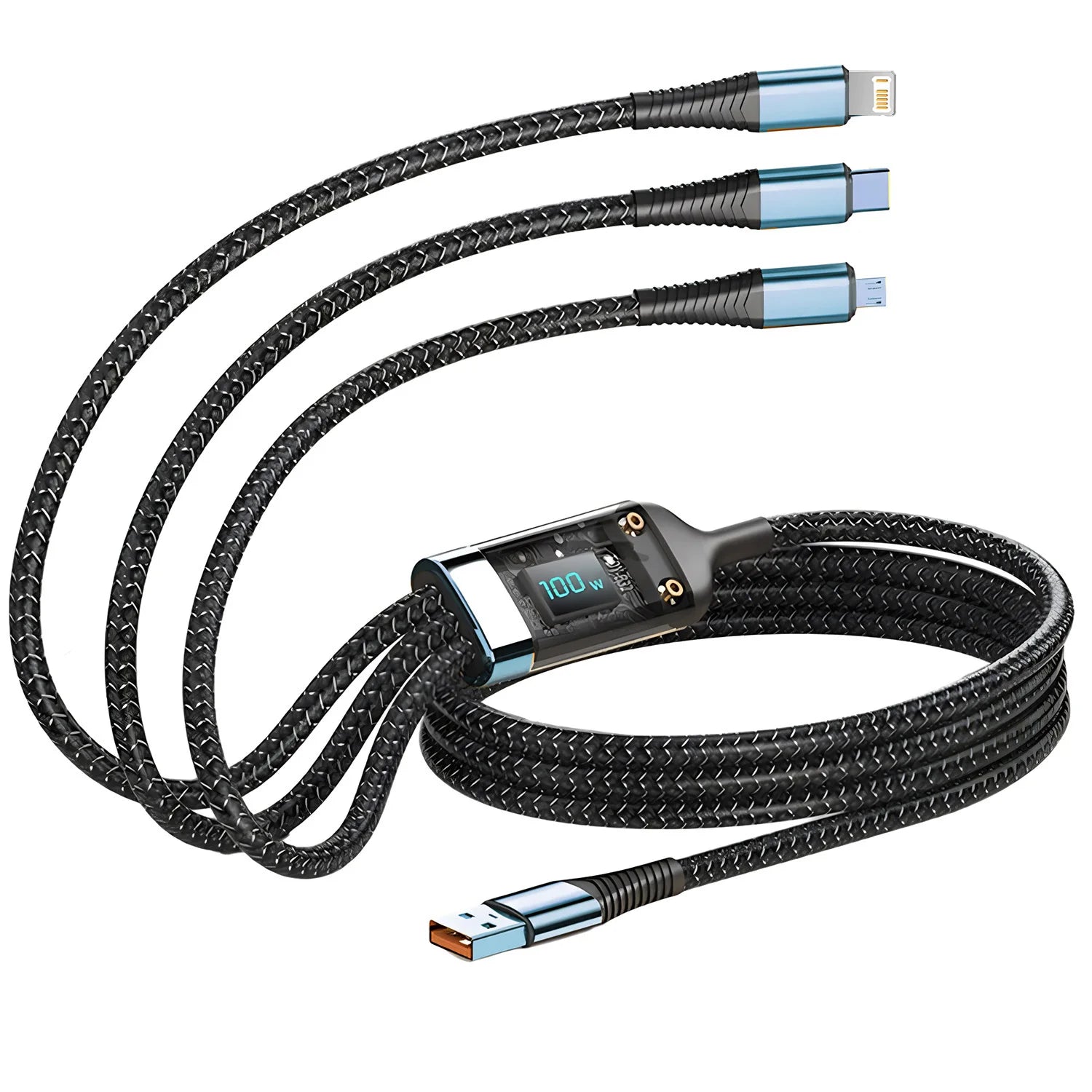 Cable cargador rápido 100W – nylon trenzado 3 en 1 con USB tipo C y micro USB