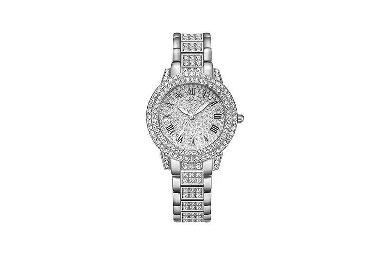 Reloj mujer clásico de lujo – esfera redonda con cristales y correa de aleación dorada