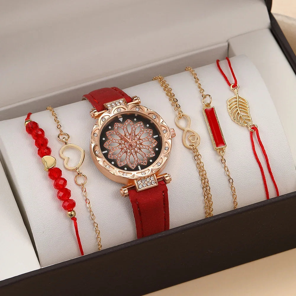 Set de relojes analógicos de cuero para mujer – 6 piezas de moda con cuarzo