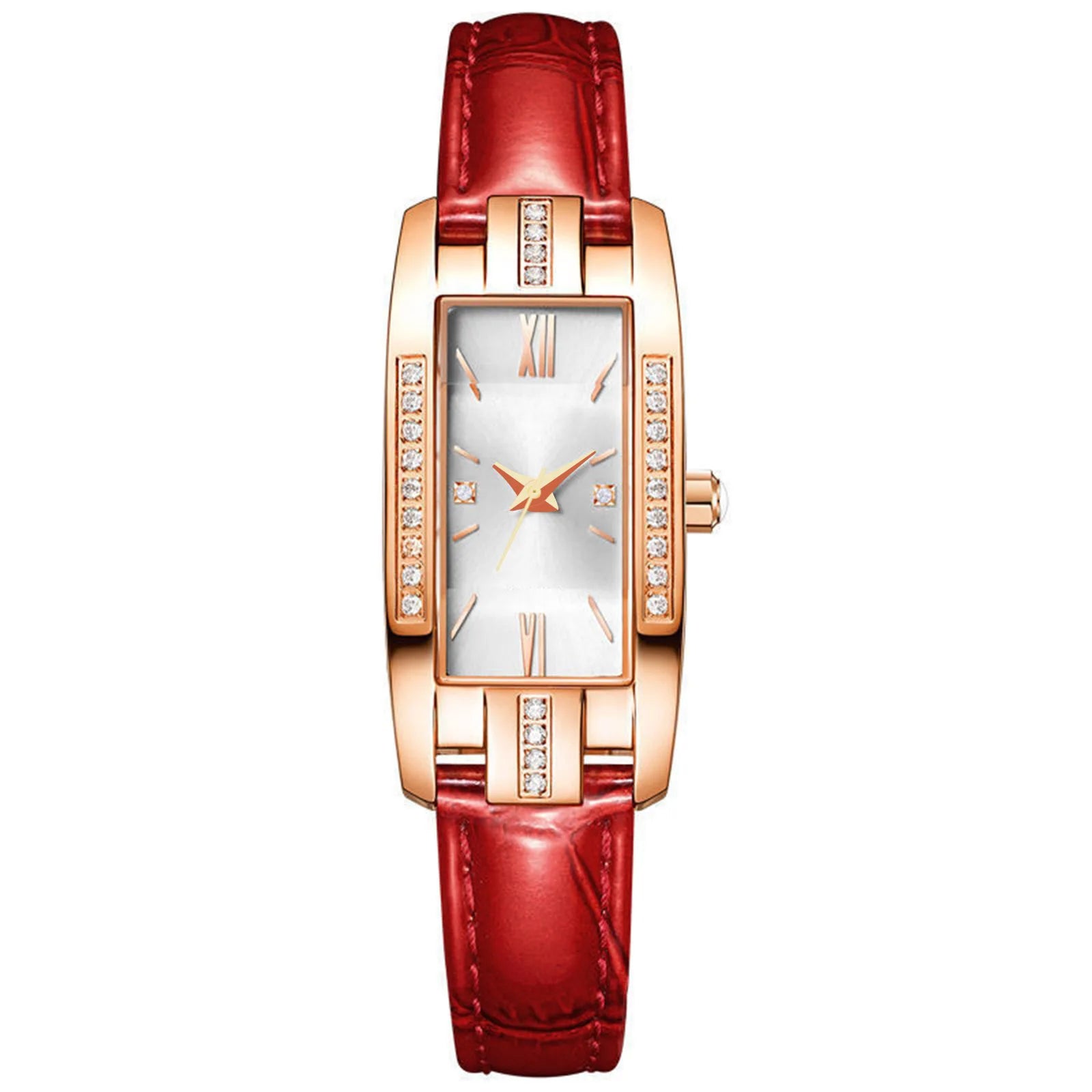 Reloj mujer lujo – diseño rectangular pequeño con cristales verdes y correa de cuero
