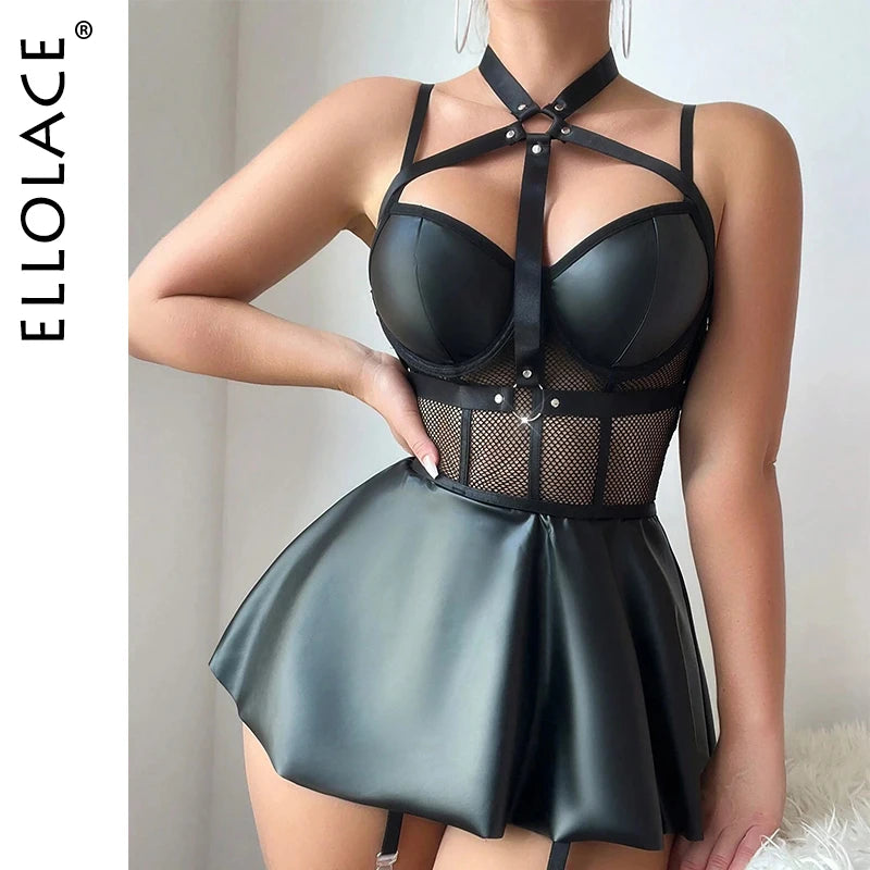 Ellolace Sexy Adult Female Short Dress Fetish Latex Mesh Splicing Women Underwear 4PCS Set Uncensored Erotic Hot Ladies Outfits