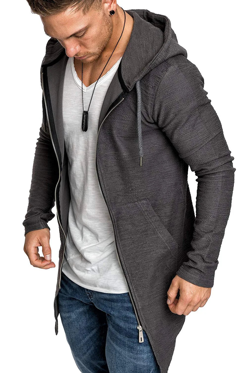 Cortaviento largo con capucha para hombre – moderno y cálido para otoño e invierno