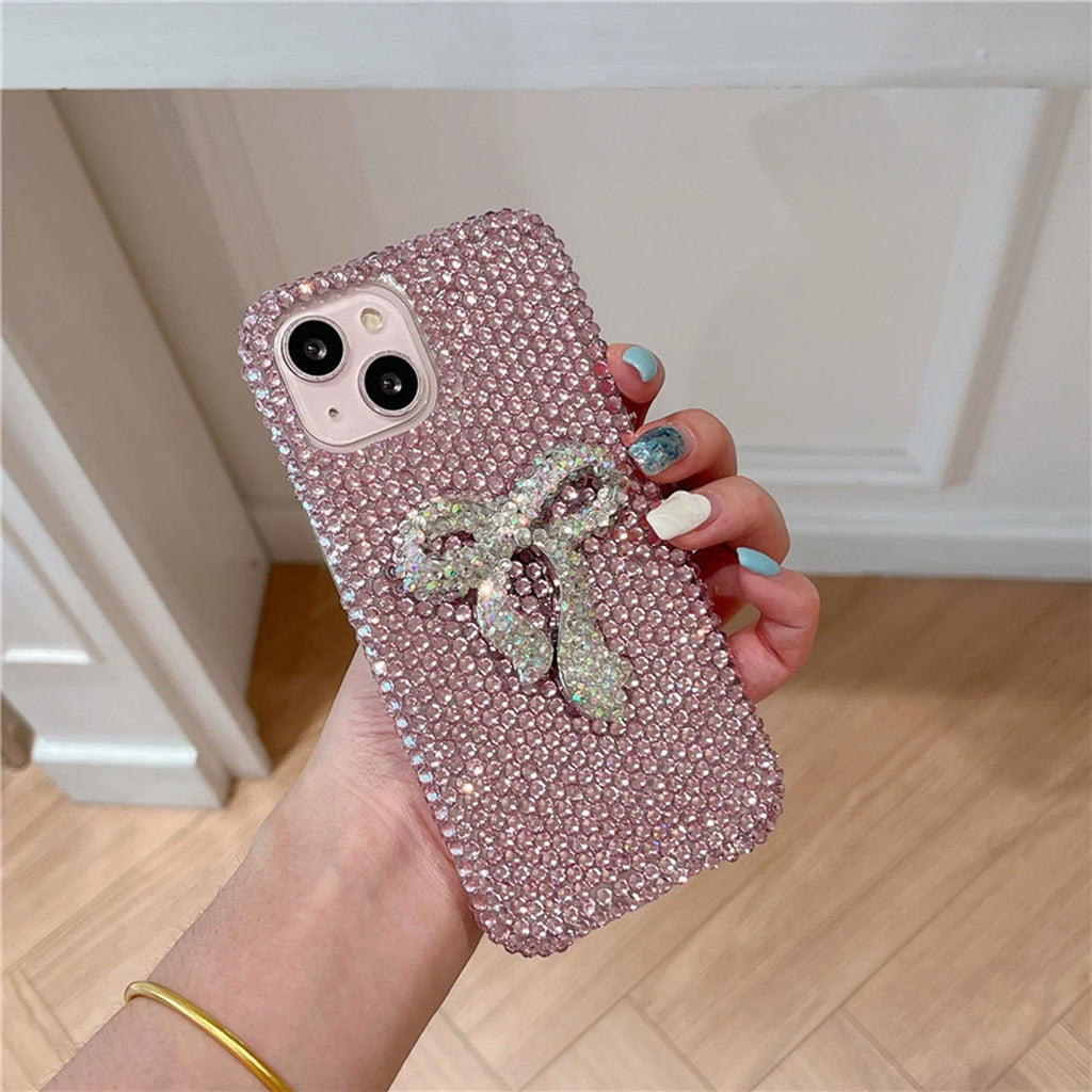 Funda full diamond con lazo para iPhone – protección brillante y adorable