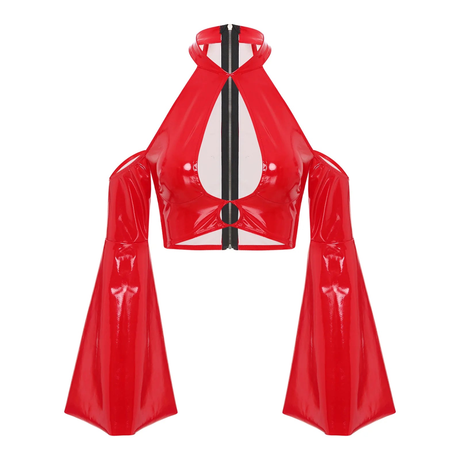 Crop top mujer – PU cuero brillante con diseño cut-out y cierre trasero