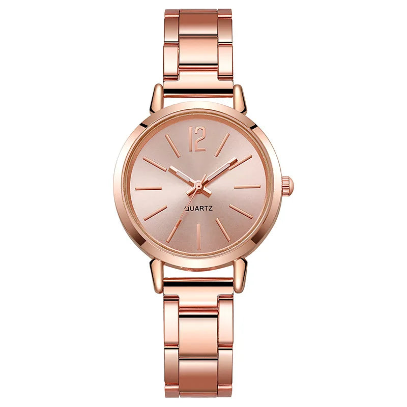 Reloj de lujo mujer – esfera redonda simple y pulsera dorada de acero inoxidable