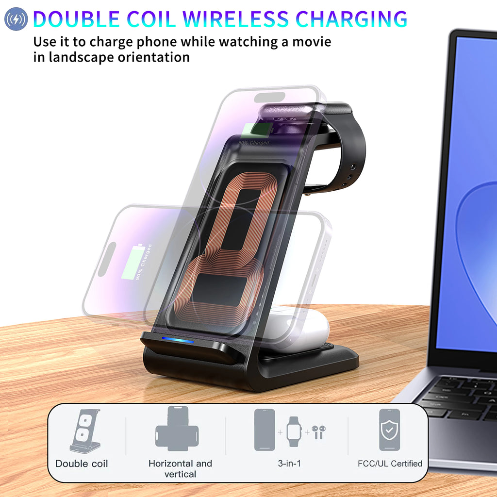 Estación de carga inalámbrica 3 en 1 – soporte para múltiples dispositivos iPhone 12 a 17 Pro Max