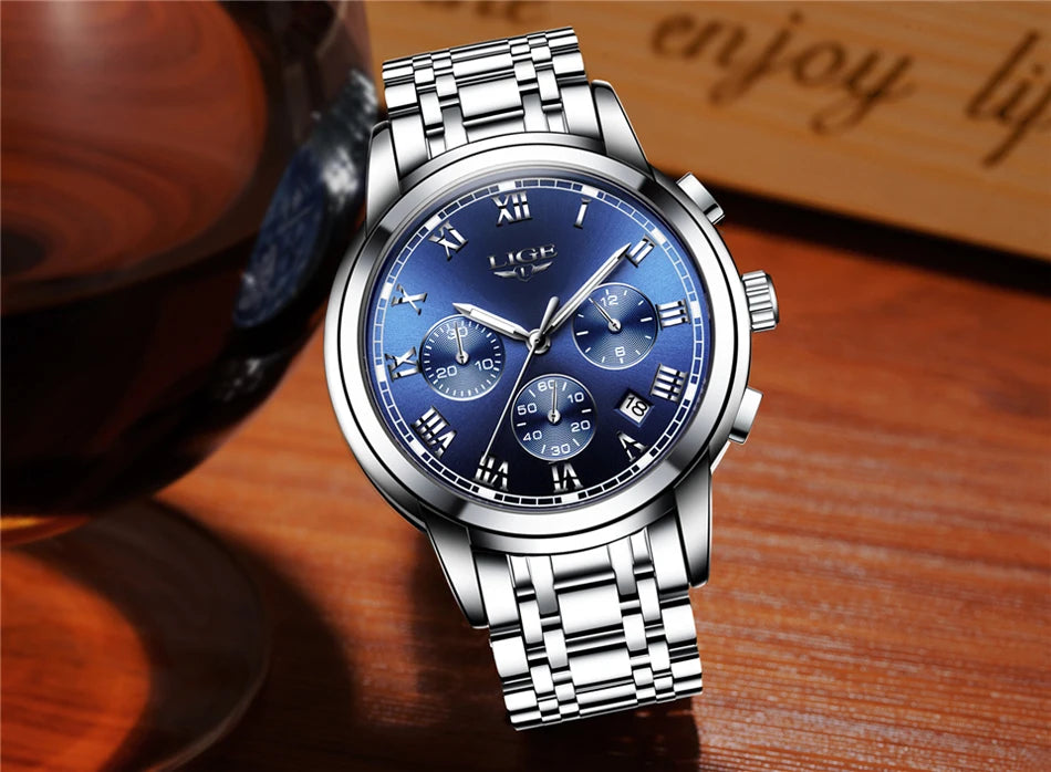 Reloj LIGE para hombre – cronógrafo deportivo de lujo, resistente al agua y acero inoxidable