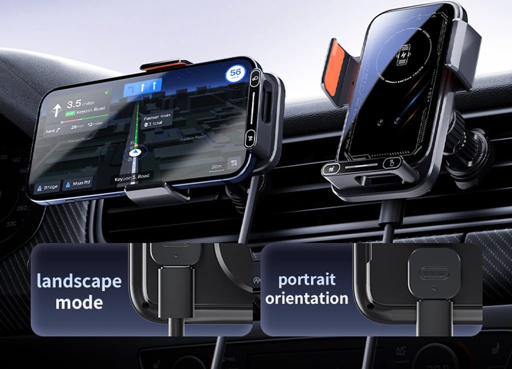 Cargador y soporte para auto – inalámbrico 15W y con cable, rotación y sensor automático