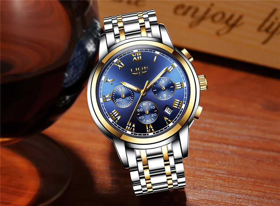 Reloj LIGE para hombre – cronógrafo deportivo de lujo, resistente al agua y acero inoxidable