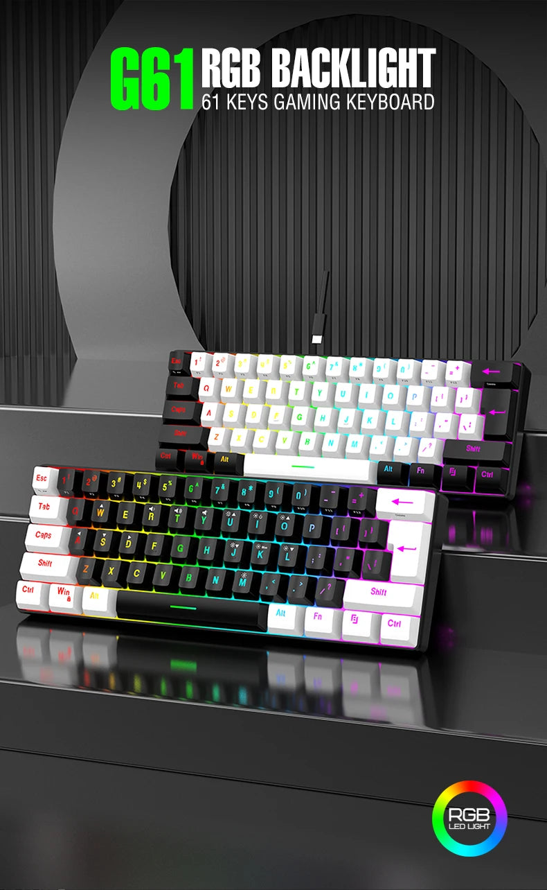 Teclado mecánico compacto 60% – 61 teclas, switches rojos y retroiluminación RGB