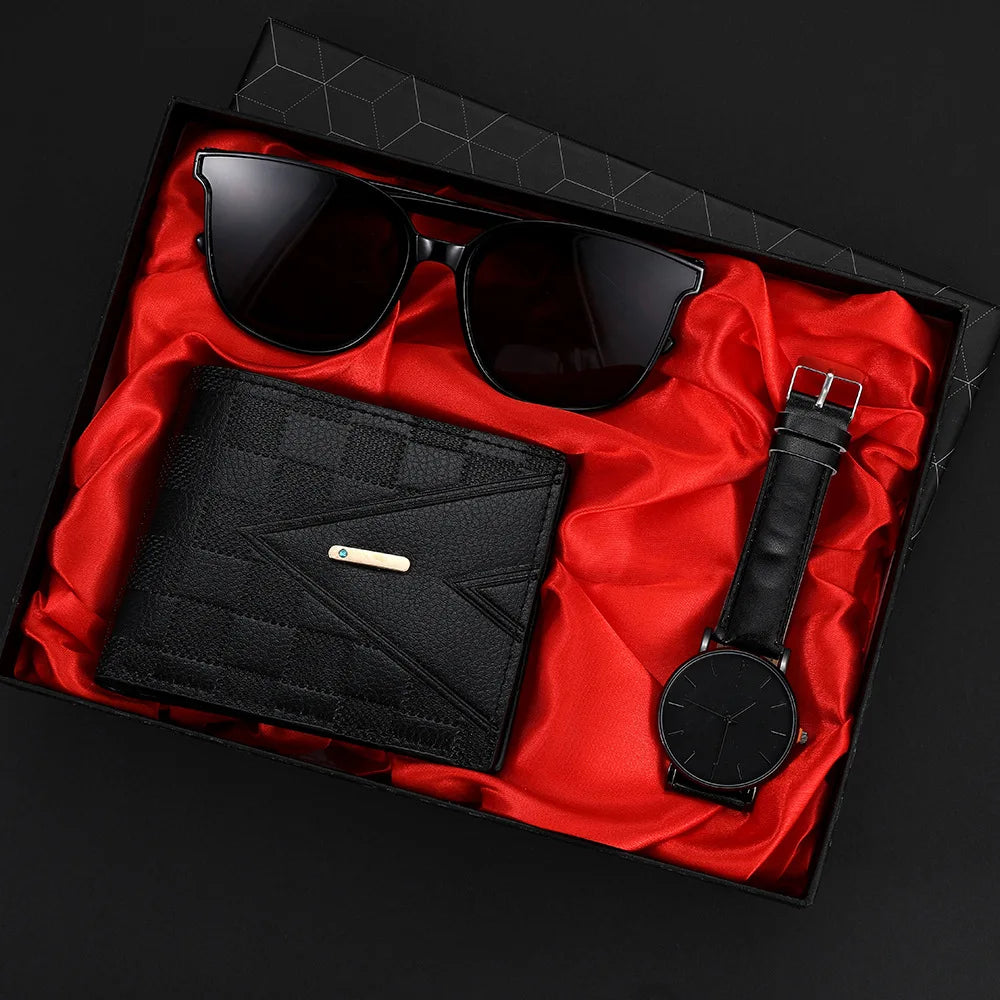 Set masculino 3 piezas – reloj de cuarzo, gafas de sol elegantes y cartera casual