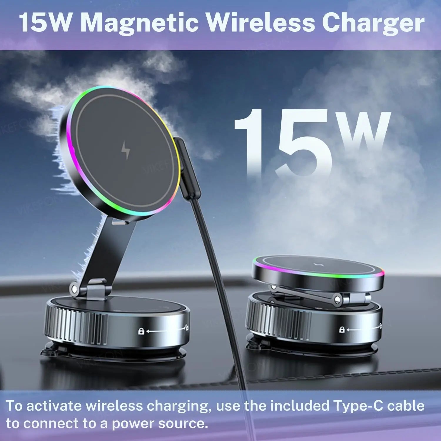 Soporte para Auto con Cargador Inalámbrico y Enfriamiento - Luz RGB Respiratoria - Sujeción Magnética - Para iPhone 12/13/14/15/16 - Soporte Teléfono Coche
