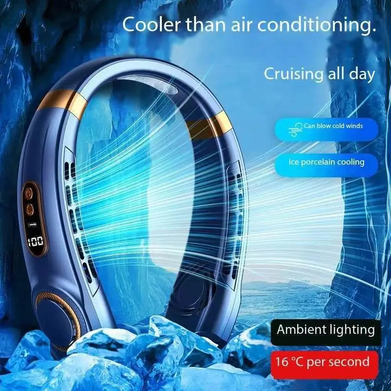 Ventilador Portátil de Cuello Sin Aspas - Pantalla LED Digital con Luces RGB y Enfriamiento Cerámico