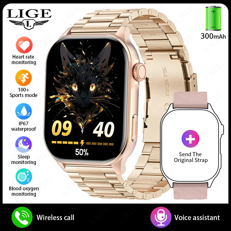Smartwatch LIGE mujer – pantalla HD 2.01", monitor de salud y resistente al agua