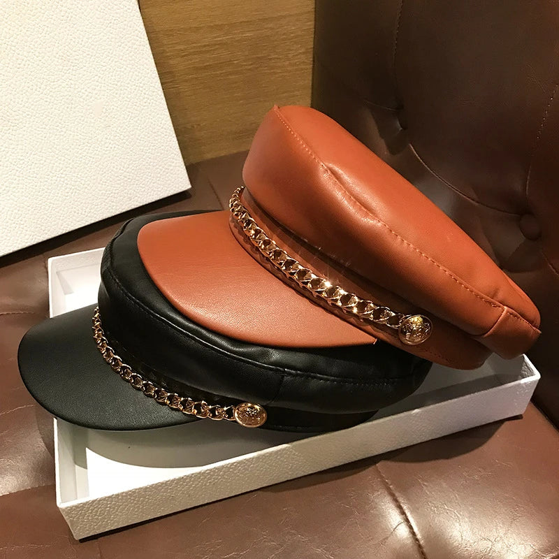 Boina unisex estilo militar – sombrero de invierno con cadena de cuero