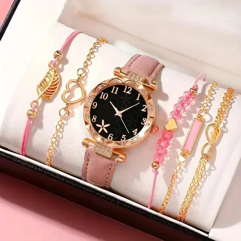 Set de relojes analógicos de cuero para mujer – 6 piezas de moda con cuarzo