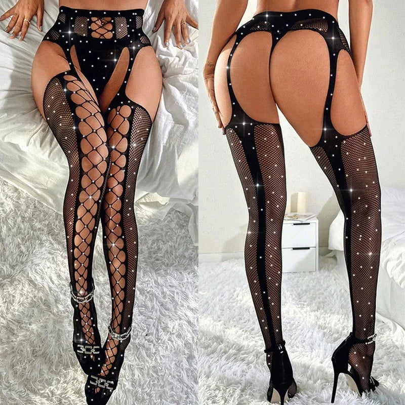 Hot Erotic Lingerie Women Black Stockings With Belt Outfit Cosplay Lolita Costumes Sexy Pantyhose Mesh Lace Floral Maid Lenceria