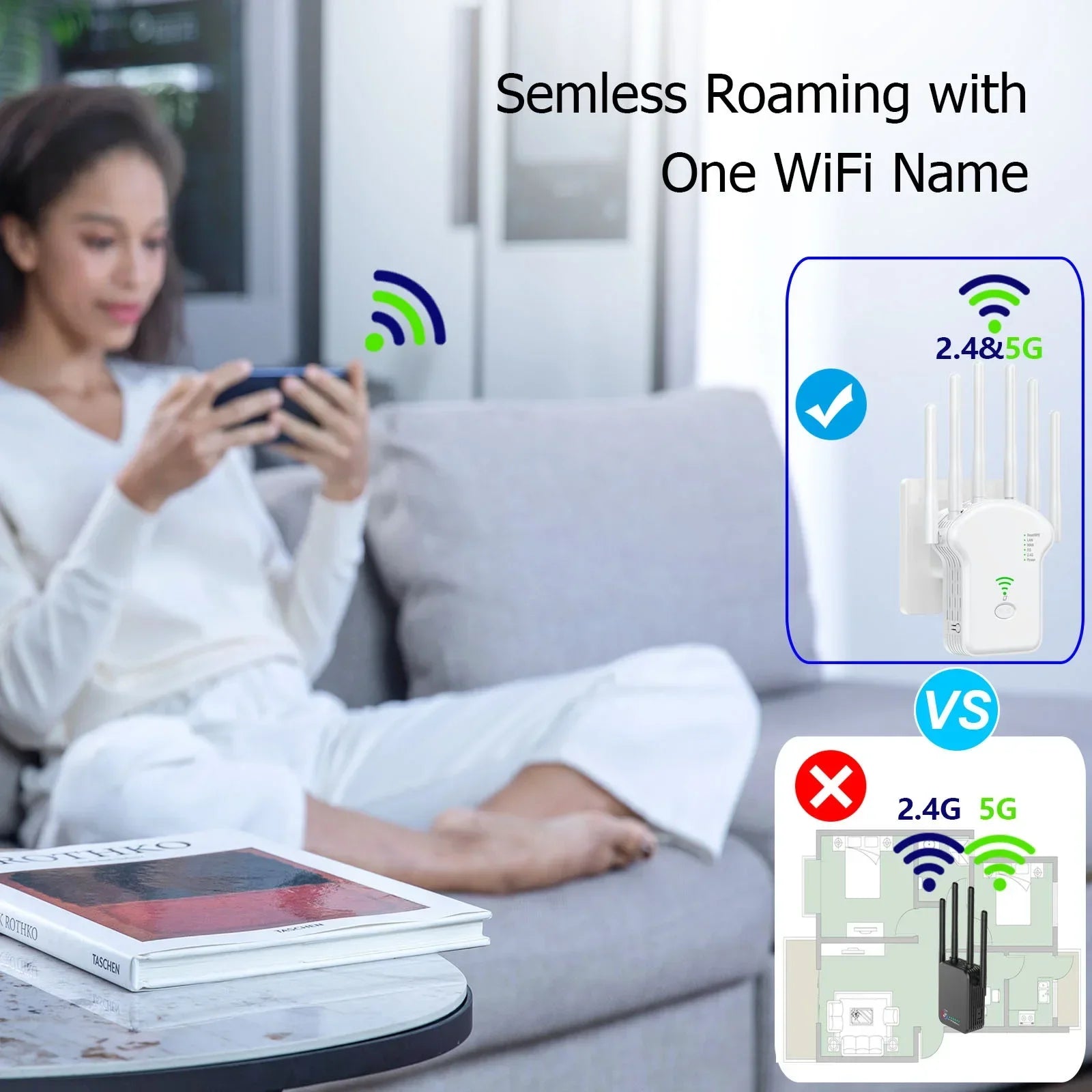 Repetidor WiFi inalámbrico 1200Mbps – dual band 2.4G/5G con antena y extensor
