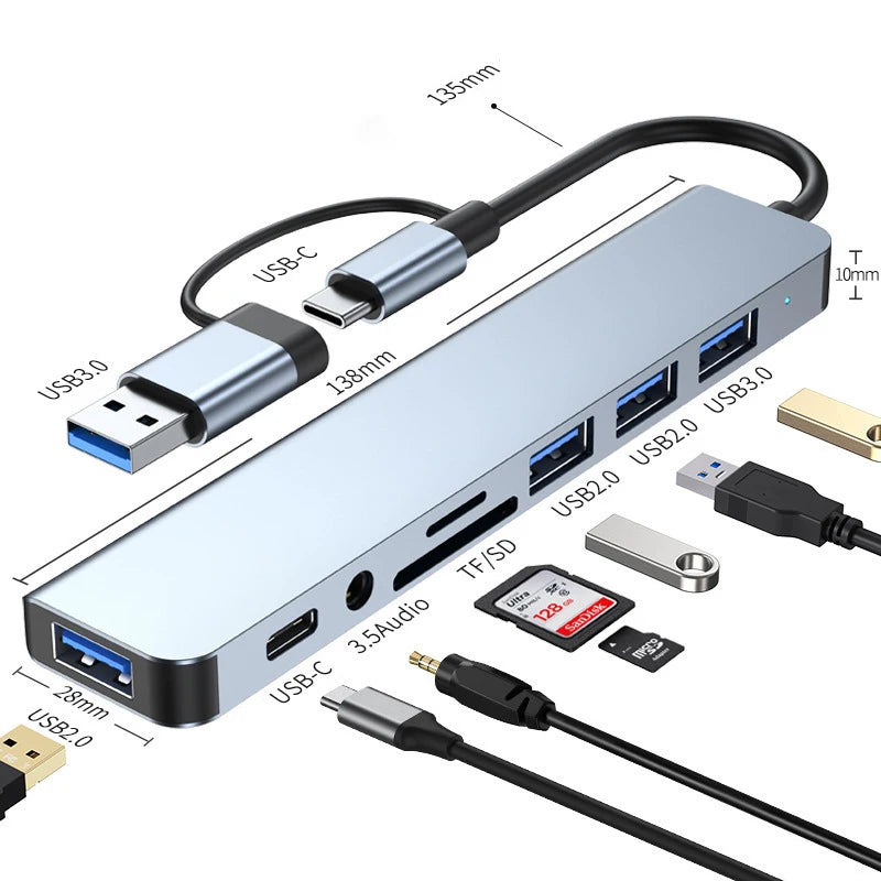 Adaptador Hub USB-C 8 en 1 para Laptop, Tablet y Celular