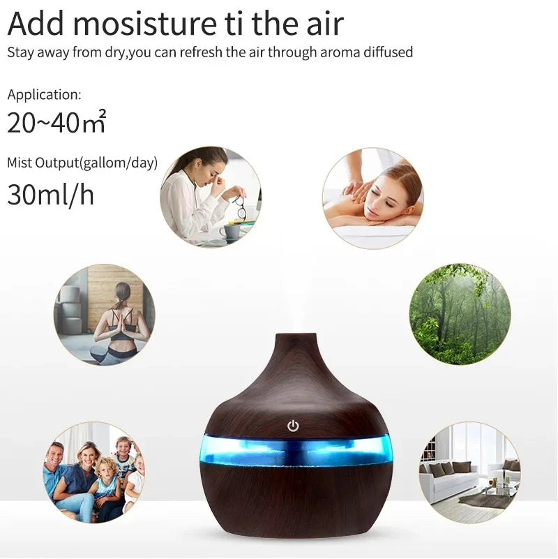 Humidificador ultrasónico de aroma – 300ml con difusor de aceites esenciales y diseño en madera