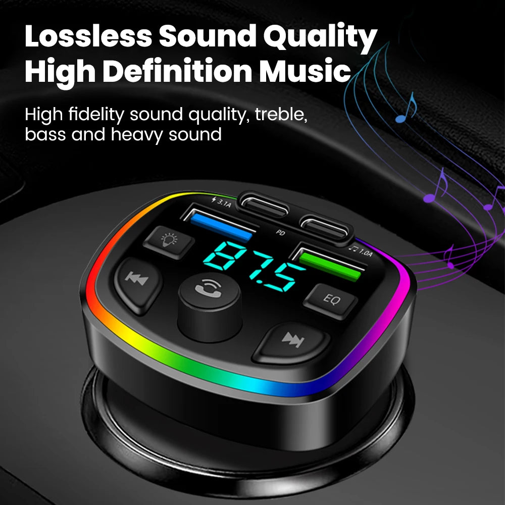 Cargador de auto inalámbrico con transmisor FM – manos libres, Bluetooth y doble puerto USB