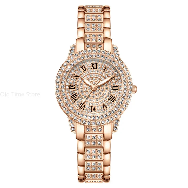 Reloj mujer clásico de lujo – esfera redonda con cristales y correa de aleación dorada