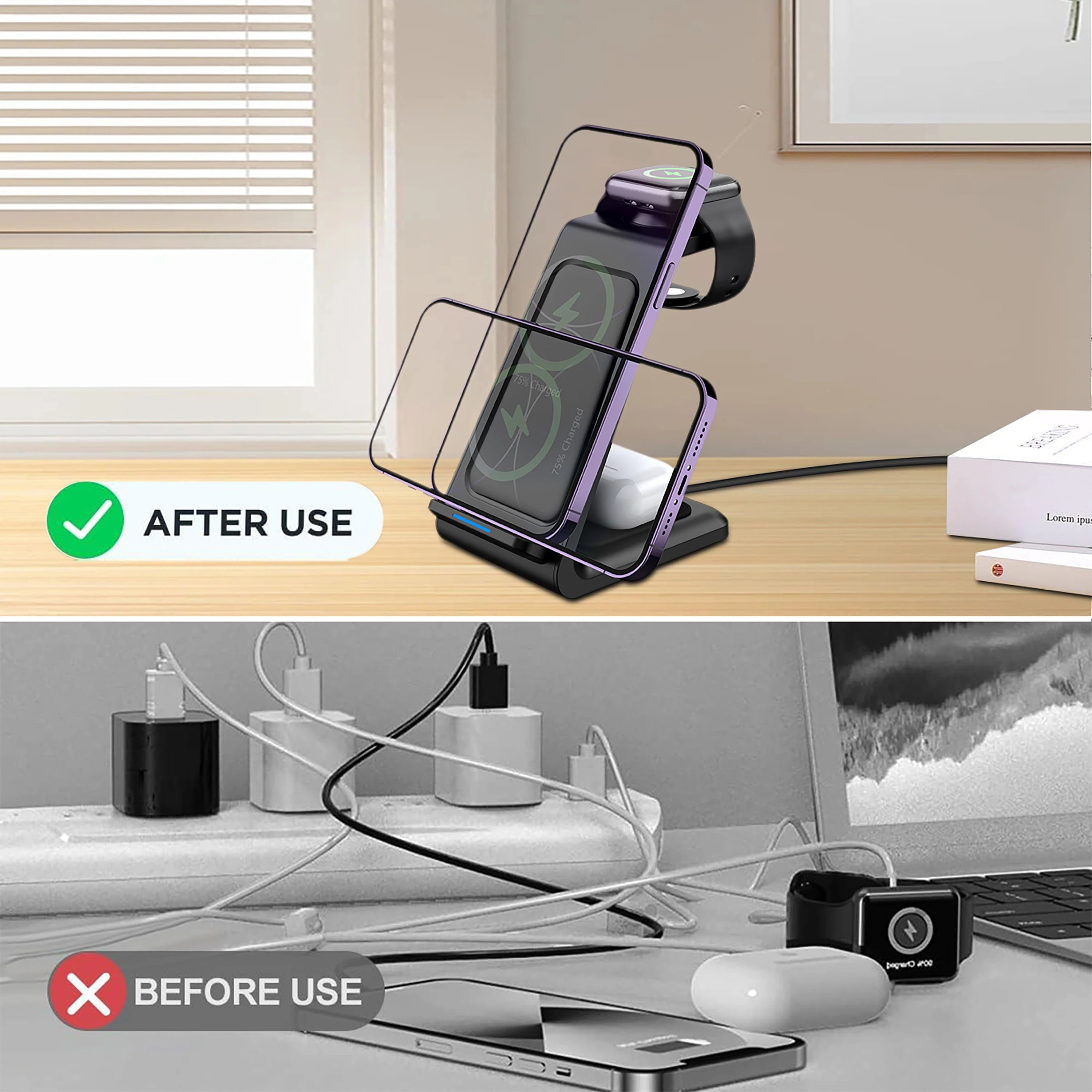 Estación de carga inalámbrica 3 en 1 – soporte para múltiples dispositivos iPhone 12 a 17 Pro Max