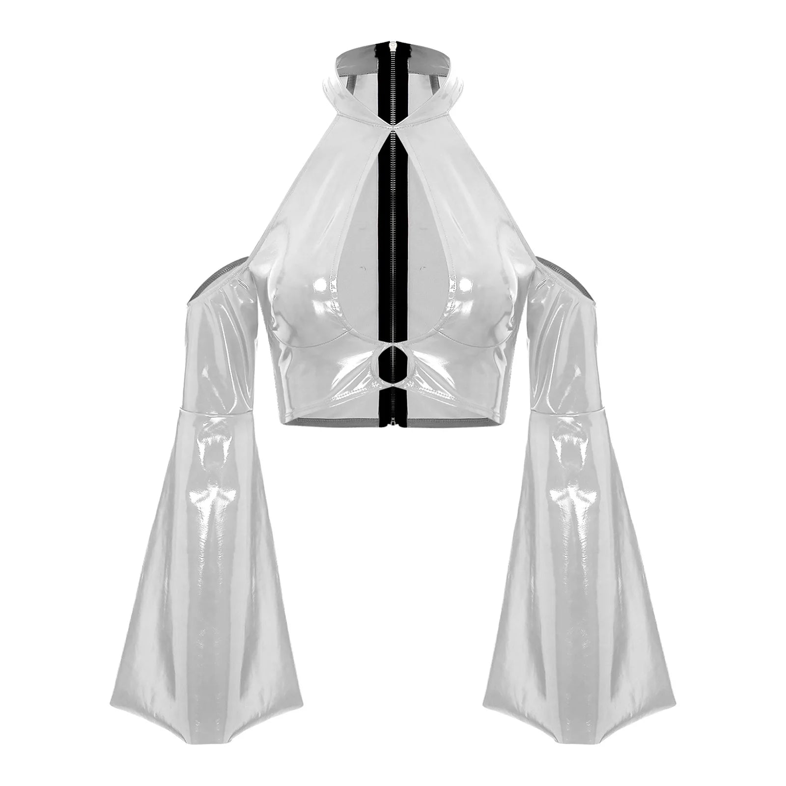 Crop top mujer – PU cuero brillante con diseño cut-out y cierre trasero