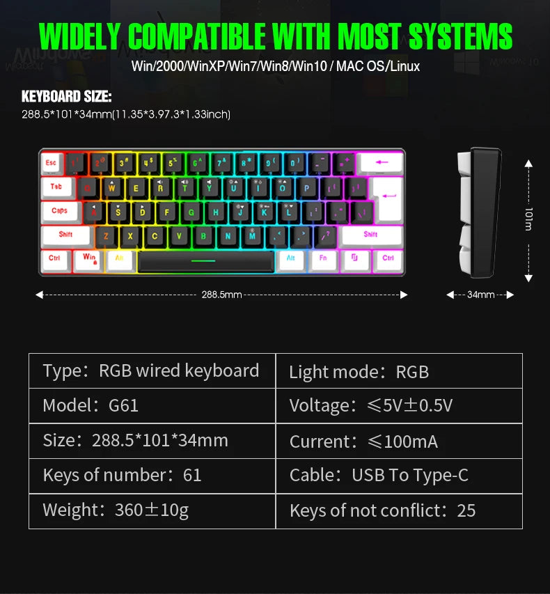Teclado mecánico compacto 60% – 61 teclas, switches rojos y retroiluminación RGB