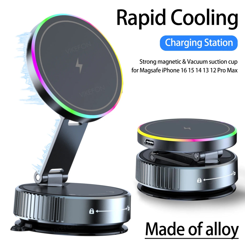 Soporte para Auto con Cargador Inalámbrico y Enfriamiento - Luz RGB Respiratoria - Sujeción Magnética - Para iPhone 12/13/14/15/16 - Soporte Teléfono Coche