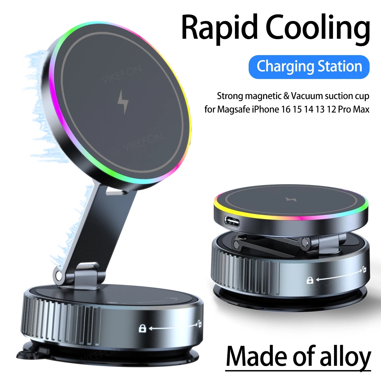 Soporte para Auto con Cargador Inalámbrico y Enfriamiento - Luz RGB Respiratoria - Sujeción Magnética - Para iPhone 12/13/14/15/16 - Soporte Teléfono Coche
