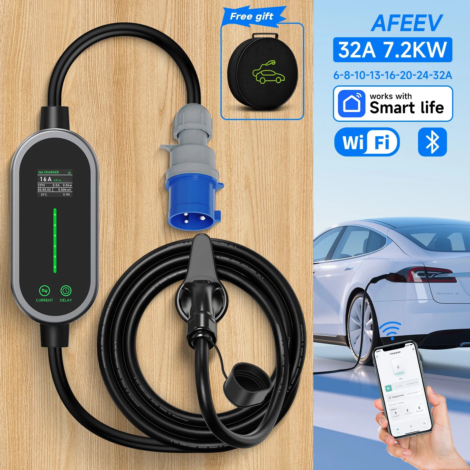 Cargador portátil AFEEV 7.2KW 32A – Tipo 2/Tipo 1 con control WiFi y Bluetooth