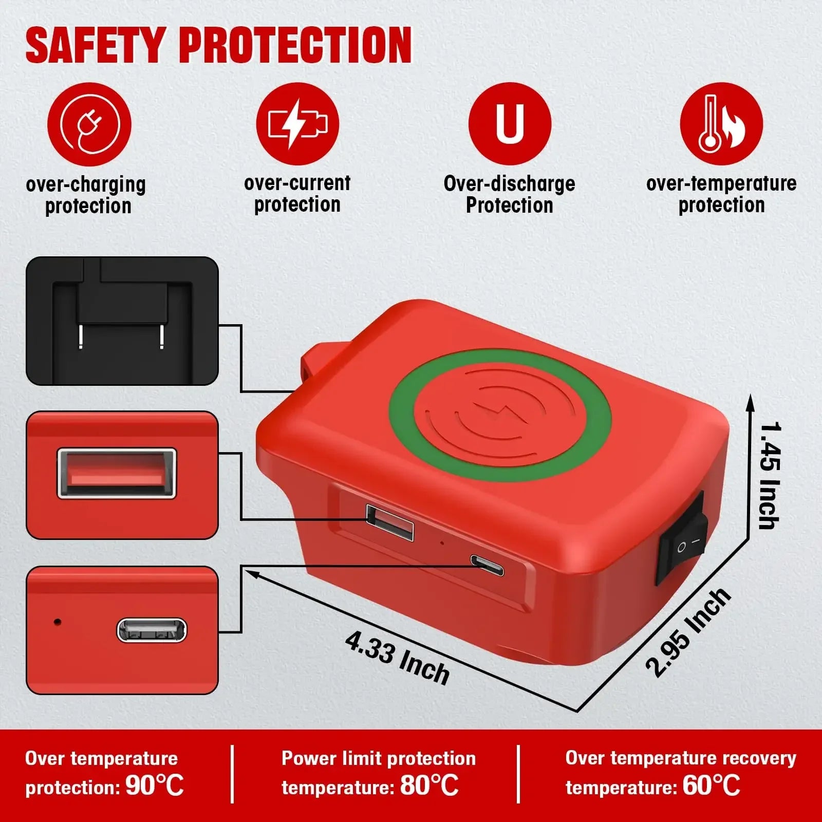 Cargador inalámbrico para batería Milwaukee 18V – adaptador con salida USB y Type-C